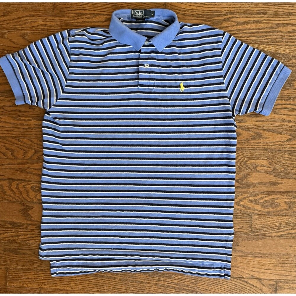 Vintage Polo Ralph Lauren Polo Shirt M Striped Blue White Black 80s 90s Preppy